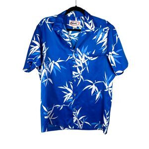 Nani of Hawaii Royal Blue Satin Tropical Hawaiian Shirt Button Men's Size Medium